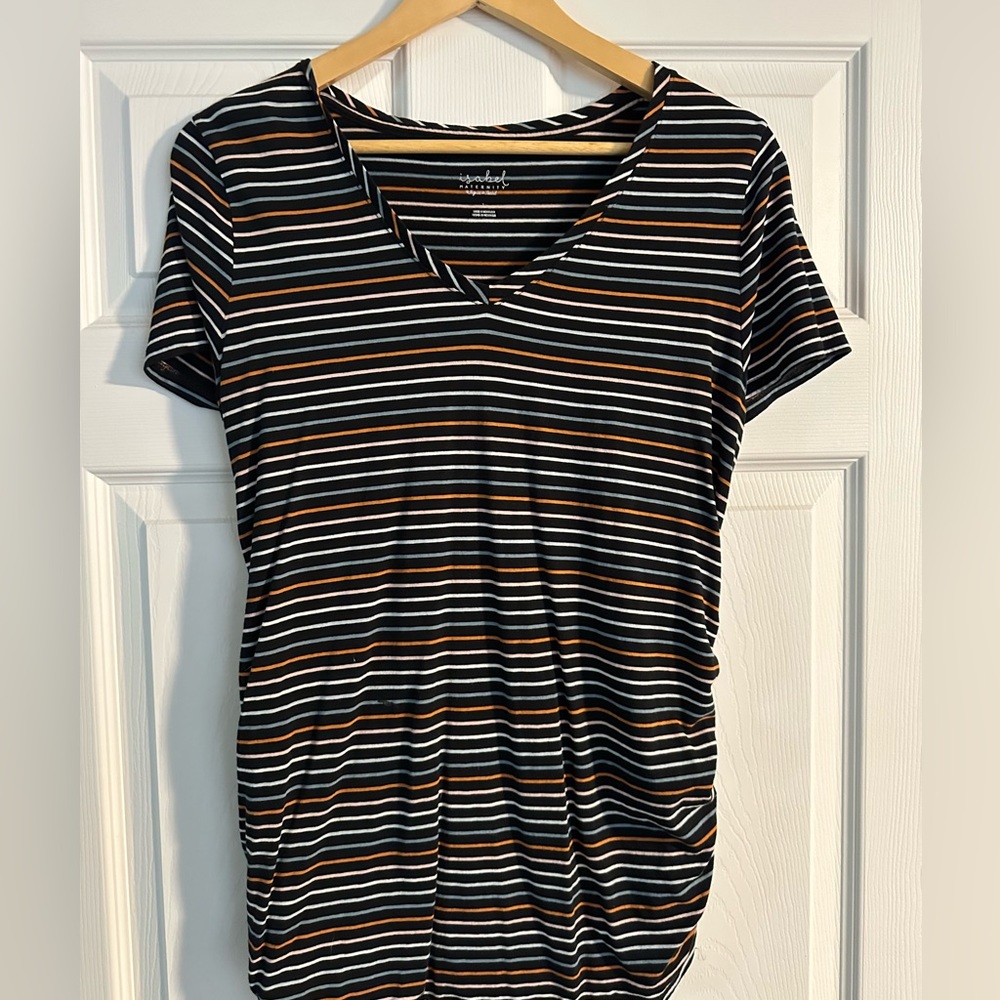Maternity shirt.  Black with blue, white, mint green, and orange stripes.